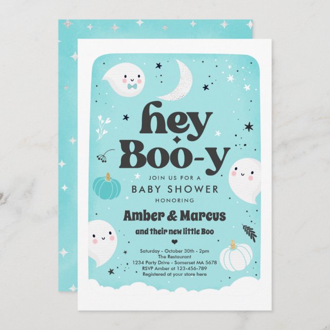 Invitation Hey Boo-y Blue Boy Baby shower fantôme (Devant / Derrière)