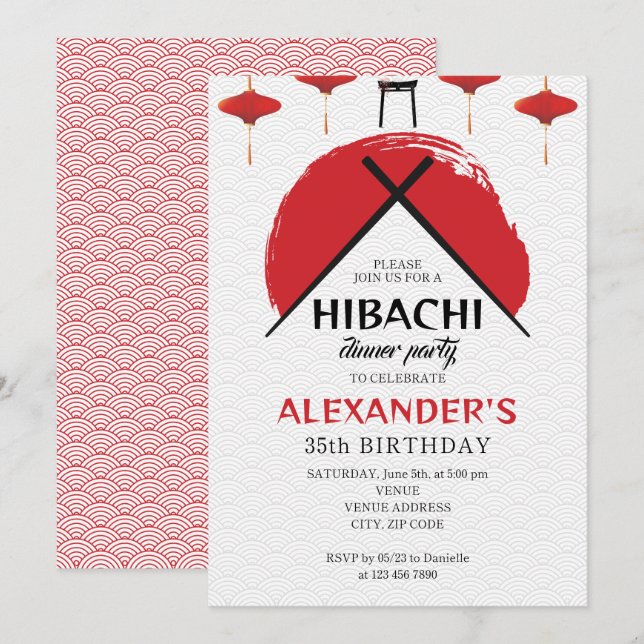 Invitation Hibachi Fête d'anniversaire Chef privé Thème japon (Devant / Derrière)