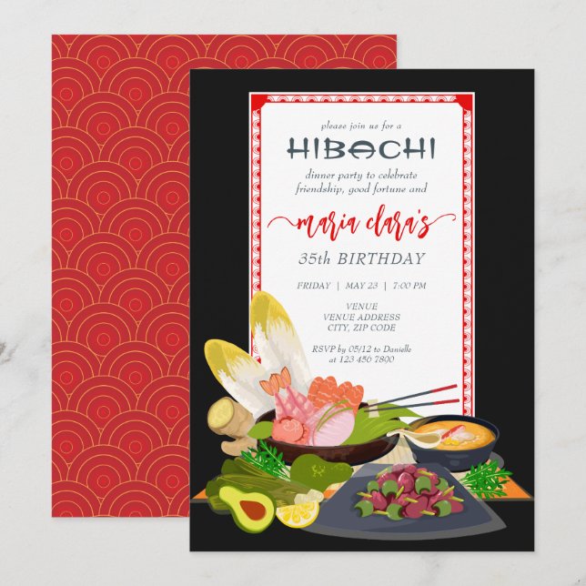 Invitation Hibachi Japonais barbecue grill Chef fête d'annive (Devant / Derrière)