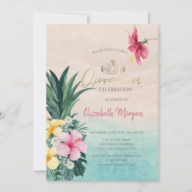 Invitation Hibiscus Ananas Quinceañera été (Devant)