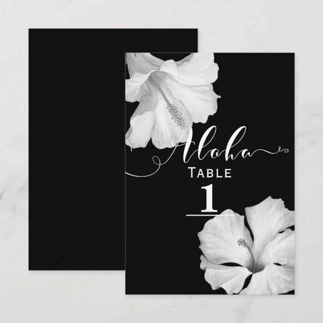 Invitation Hibiscus blanc Mariage Tropical noir Numéro de tab (Devant / Derrière)