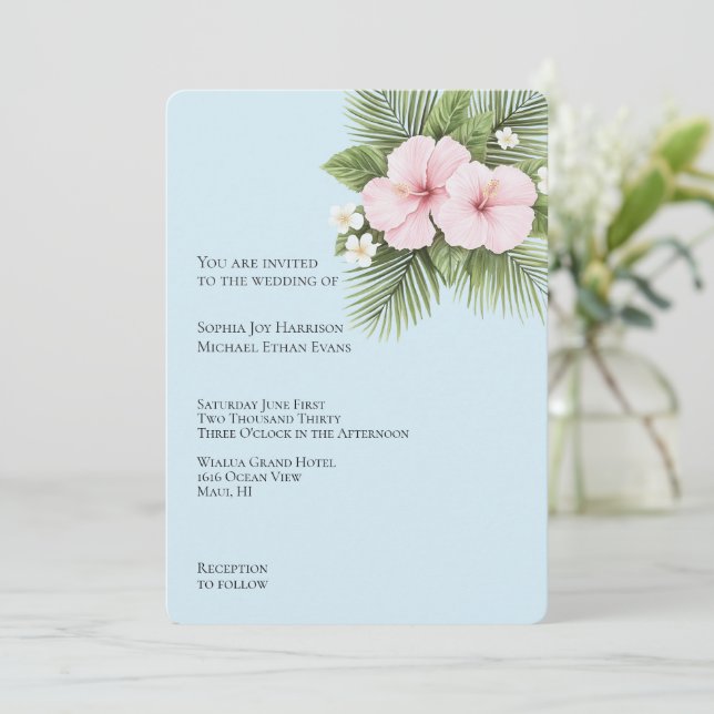 Invitation Hibiscus bleu tropical Mariage floral (Debout devant)