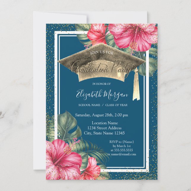 Invitation Hibiscus,Casquette de remise de diplômes Bleu Fête (Devant)