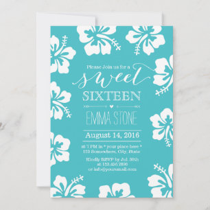 Invitation Hibiscus classique Fleur Turquoise Sweet 16 Annive