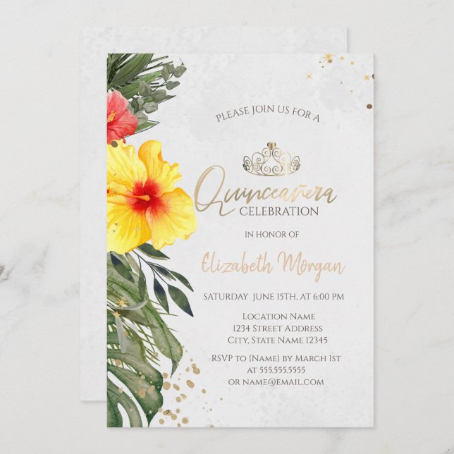 Invitation Hibiscus de fleurs tropicales Quinceañera d'été (Devant / Derrière)