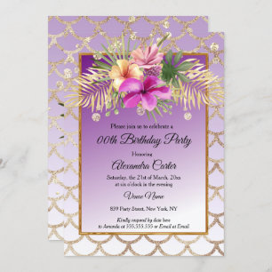 Invitation Hibiscus d'or violet fête d'anniversaire florale
