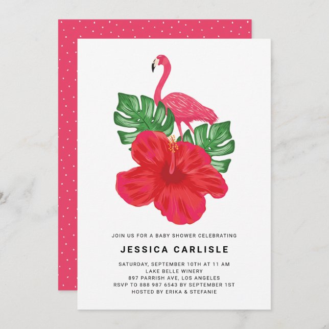 Invitation Hibiscus et Flamant rose rose Baby shower tropical (Devant / Derrière)