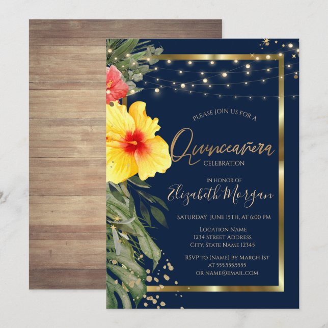 Invitation Hibiscus feuille de palme, Lumières, Bois, Quincea (Devant / Derrière)
