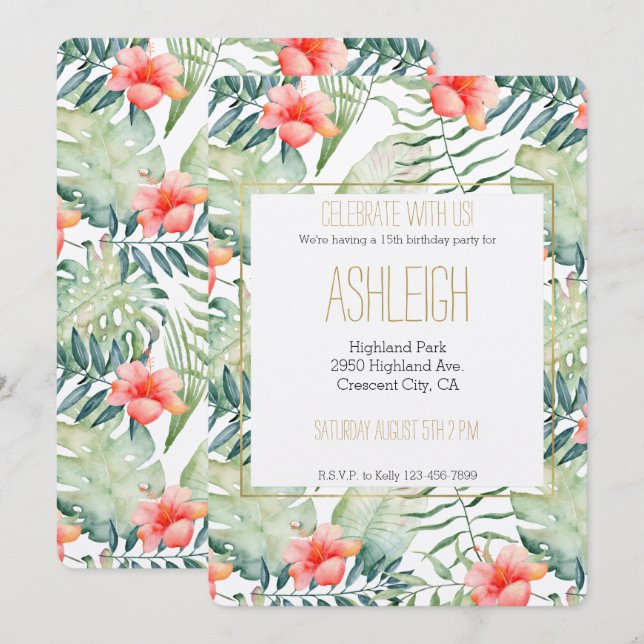 Invitation Hibiscus Feuille tropical Aquarelle florale (Devant / Derrière)