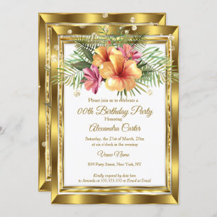 Invitation Hibiscus floral blanc or fête d'anniversaire