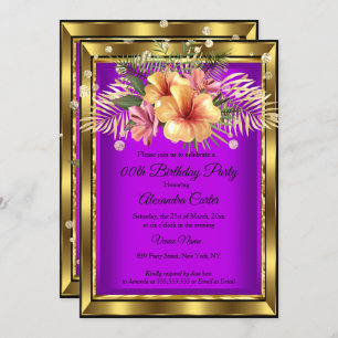 Invitation Hibiscus Floral d'or violet fête d'anniversaire