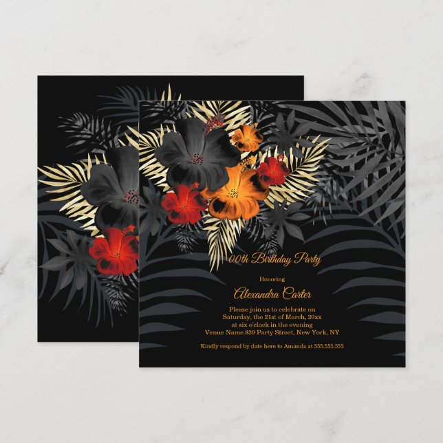 Invitation Hibiscus Floral Orange Rouge Noir Anniversaire (Devant / Derrière)