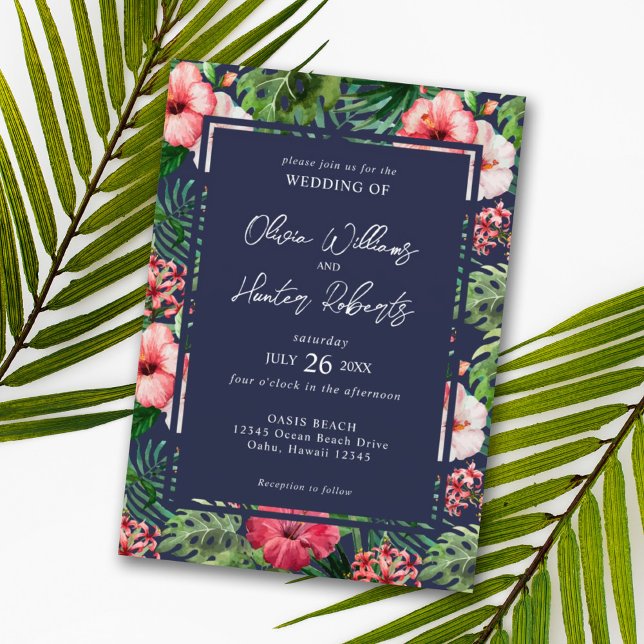 Invitation Hibiscus floral tropical Mariage bleu marine (Créateur téléchargé)
