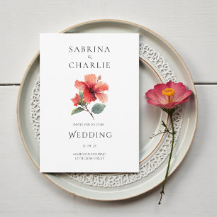 Invitation Hibiscus Floral Tropical Mariage Rouge Corail
