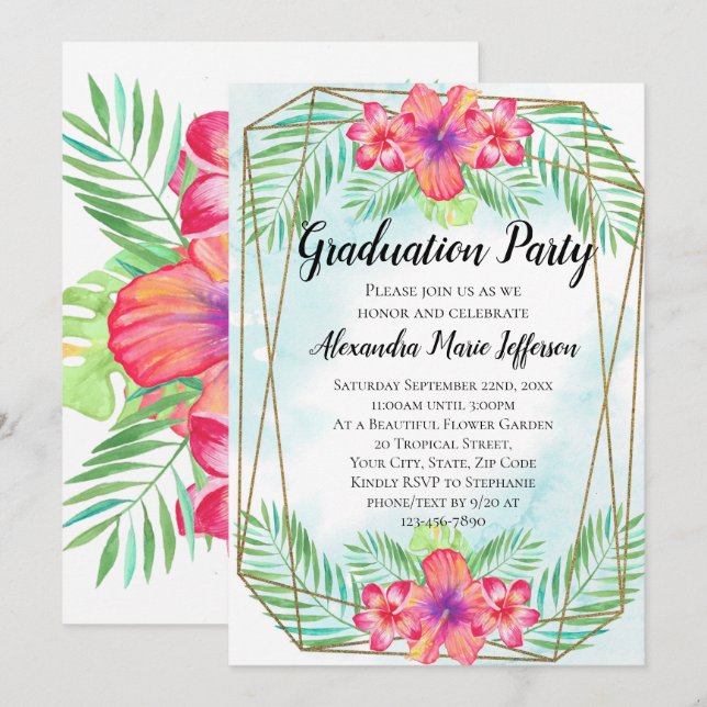 Invitation Hibiscus Flower Watercolor Beach Graduation Party (Devant / Derrière)