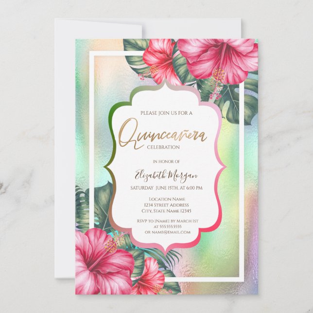 Invitation Hibiscus Frame Holographique Quinceanera (Devant)