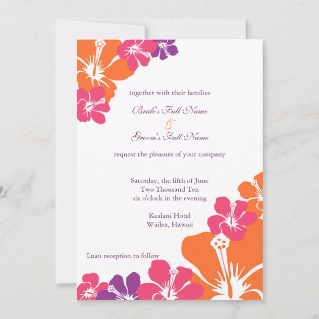 Invitation Hibiscus Hawaïen rose orange violet Mariage (Devant)