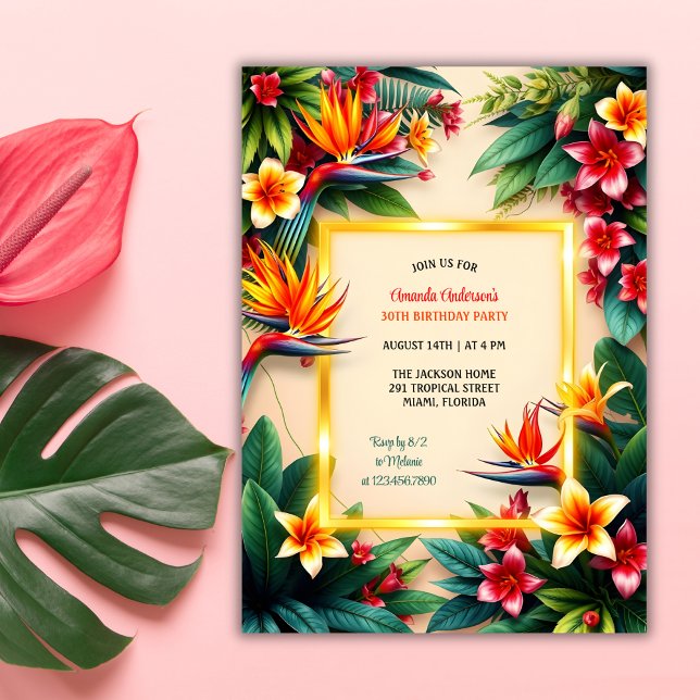 Invitation Hibiscus hawaïen tropical Fleurs d'anniversaire (Tropical Hawaiian Birthday Party Invitation with Hibiscus Flowers and Palm Leaves)
