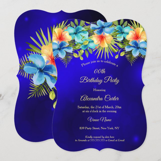 Invitation Hibiscus jaune bleu Fête florale tropicale (Devant / Derrière)