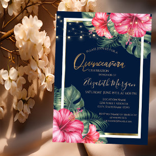 Invitation Hibiscus, Lumières, Bois, Cadre Quinceanera