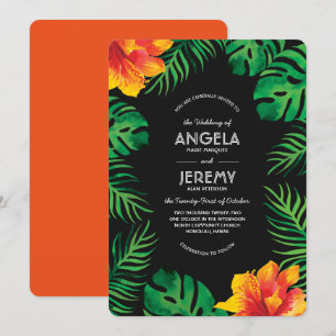 Invitation Hibiscus orange et Mariage Feuille tropical