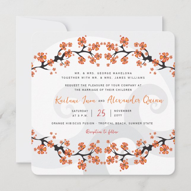 Invitation Hibiscus Orange Tropical Fusion Grey Swirl Mariage (Devant)