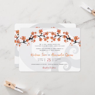 Invitation Hibiscus Orange Tropical Fusion Grey Swirl Mariage