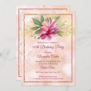 Invitation Hibiscus Plum en marbre rose or Anniversaire