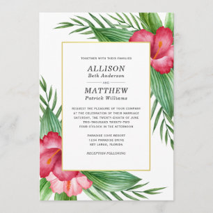 Invitation Hibiscus rose chaud Aquarelle Mariage tropical