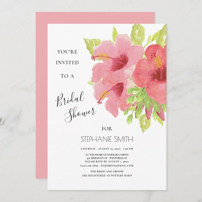 Invitation Hibiscus rose Fête des mariées florale (Devant / Derrière)