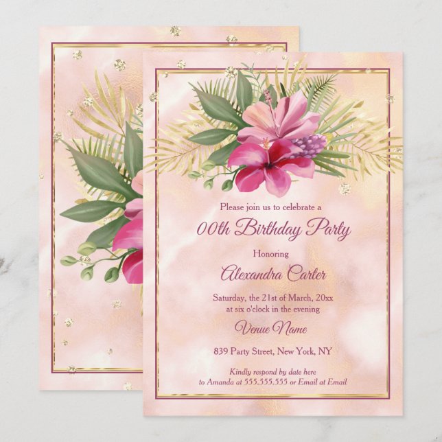 Invitation Hibiscus Rose Foncé marbre or Fête d'anniversaire (Devant / Derrière)