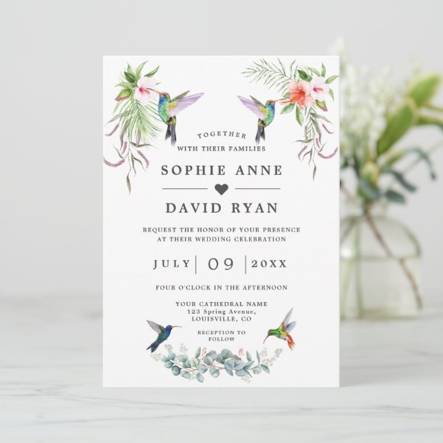 Invitation Hibiscus rose luau exotique Hummingbirds Mariage (Debout devant)