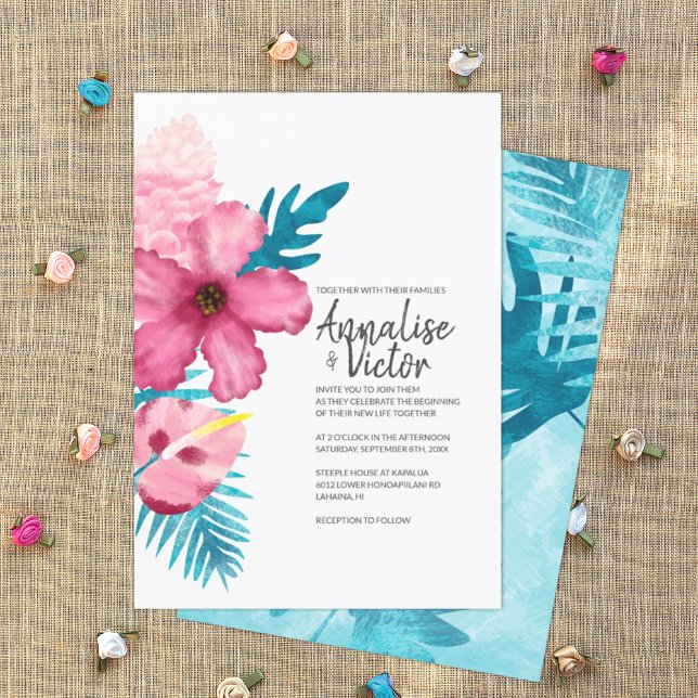 Invitation Hibiscus rose tropical Mariage de fougères turquoi (turquoise and pink tropical wedding invitation card, pink hibiscus, Hawaiian flowers theme)