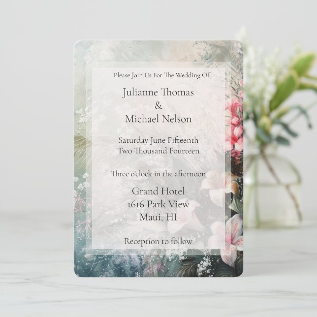 Invitation Hibiscus rose tropical Mariage floral (Debout devant)