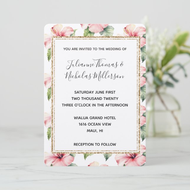 Invitation Hibiscus rose tropical Mariage floral (Debout devant)