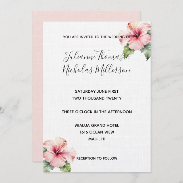 Invitation Hibiscus rose tropical Mariage floral (Devant / Derrière)