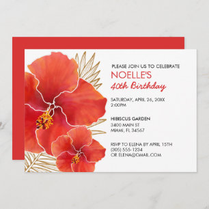 Invitation Hibiscus rouge tropical et feuille d'or 40e annive
