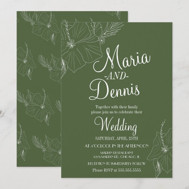 Invitation Hibiscus Simple Ligne Tropicale Verte (Devant / Derrière)