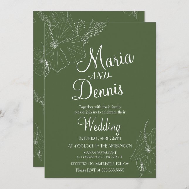 Invitation Hibiscus simpleLigne tropicale verte (Devant / Derrière)