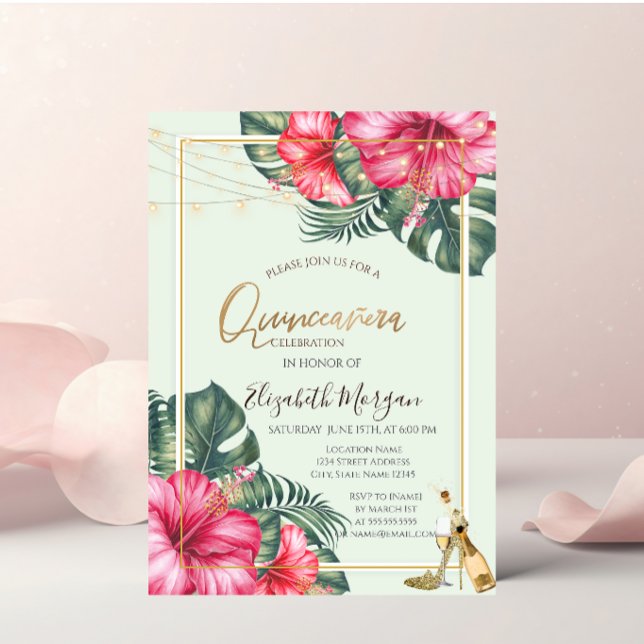 Invitation Hibiscus, Talons Dorés Pailletés Quinceanera (Créateur téléchargé)