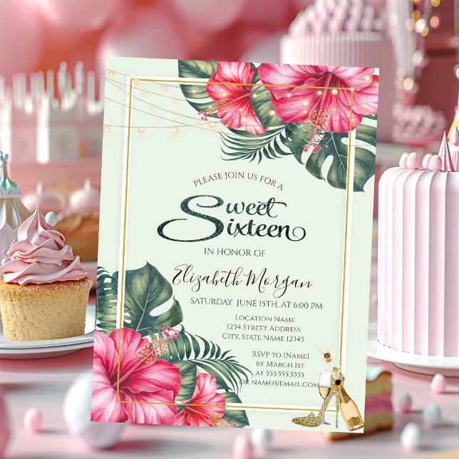 Invitation Hibiscus, Talons Dorés Pailletés Sweet 16 (Créateur téléchargé)
