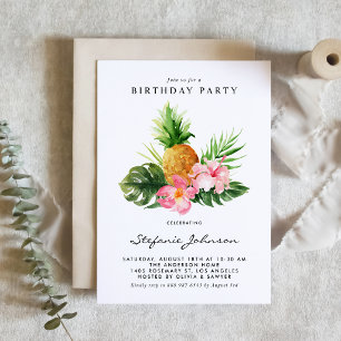 Invitation Hibiscus Tropical Anniversaire Aquarelle Ananas