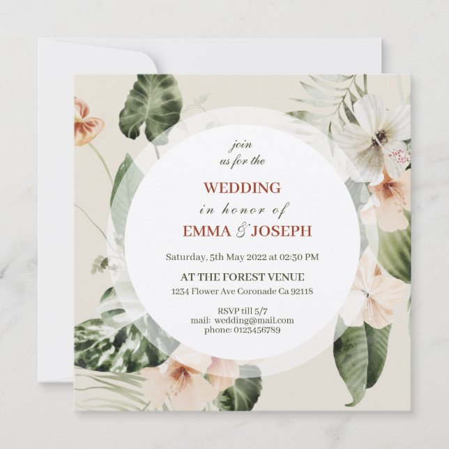 Invitation Hibiscus tropical boho pastel Mariage floral (Devant)