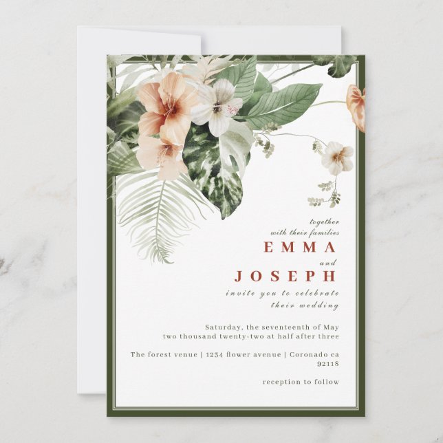 Invitation Hibiscus tropical boho pastel Mariage floral (Devant)