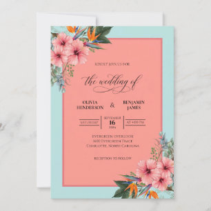 Invitation Hibiscus Tropical Coral Eucalyptus Doux Mariage