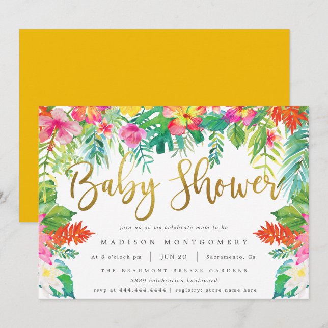 Invitation Hibiscus Tropical d'été Baby shower d'or de houill (Devant / Derrière)