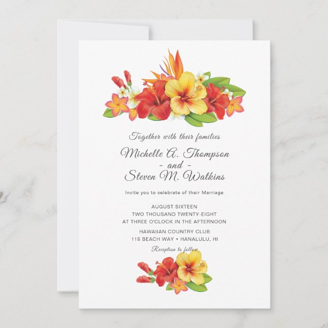 Invitation Hibiscus Tropical Élégant Fleurs Mariage (Devant)