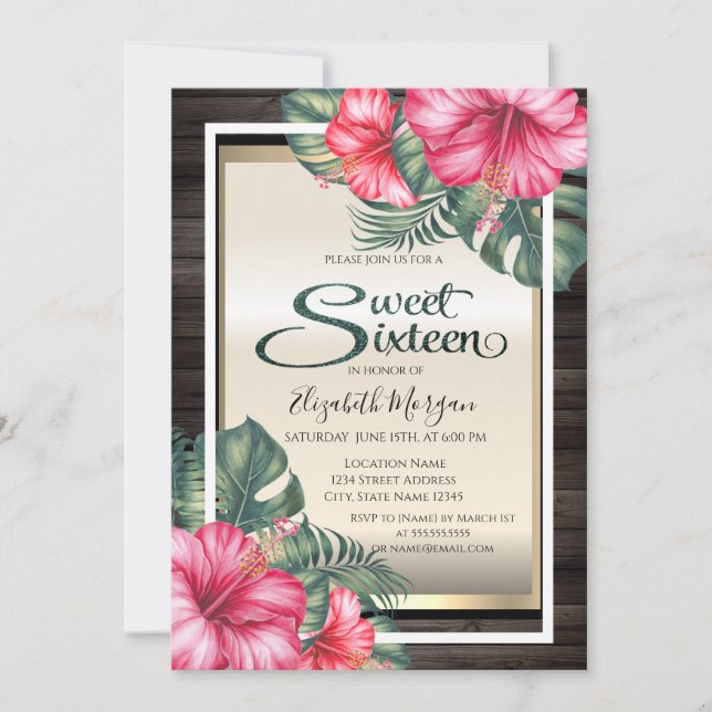 Invitation Hibiscus tropical en bois doux 16 ans (Devant)