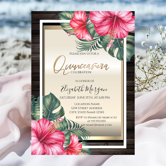 Invitation Hibiscus tropical en bois pour Quinceanera (Créateur téléchargé)