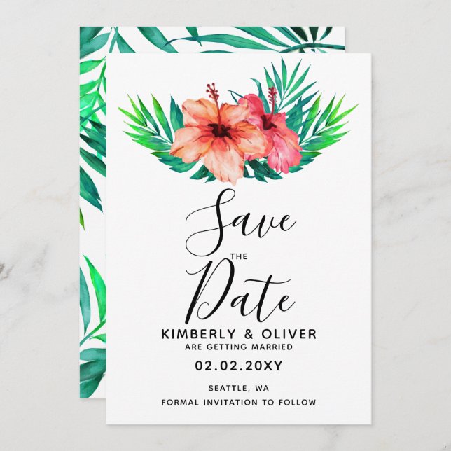 Invitation Hibiscus tropical Hawaiian Beach Wedding (Devant / Derrière)